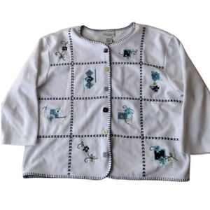 Teddi Woman XL  Cardigan Floral Stitched White 3/4‎ Sleeves Special Buttons